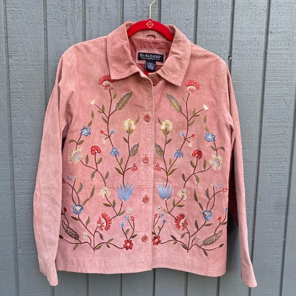 Dialogue Jackets & Blazers - Dusty Pink Suede Embroidered Jacket
